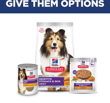Show full view: Hill's Science Diet Adult Sensitive Stomach & Sensitive Skin Chicken & Rice Stew Wet Dog Food, 2.8-oz pouch, case of 24 slide 10 of 12