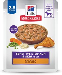 Hill's Science Diet Adult Sensitive Stomach & Sensitive Skin Chicken & Rice Stew Wet Dog Food, 2.8-oz pouch, case of 24