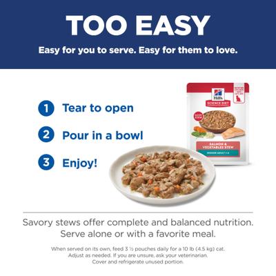 Show full view: Hill's Science Diet Adult Indoor Salmon & Vegetables Stew Wet Cat Food, 2.8-oz pouch, case of 24 slide 7 of 12