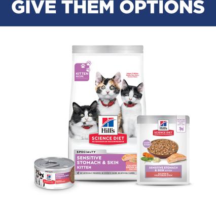 Show full view: Hill's Science Diet Kitten Sensitive Stomach & Sensitive Skin Salmon & Vegetables Stew Wet Cat Food, 2.8-oz pouch, case of 24 slide 9 of 10