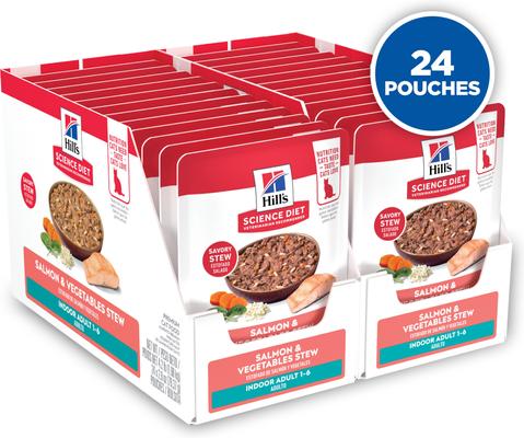 Show full view: Hill's Science Diet Adult Indoor Salmon & Vegetables Stew Wet Cat Food, 2.8-oz pouch, case of 24 slide 3 of 12