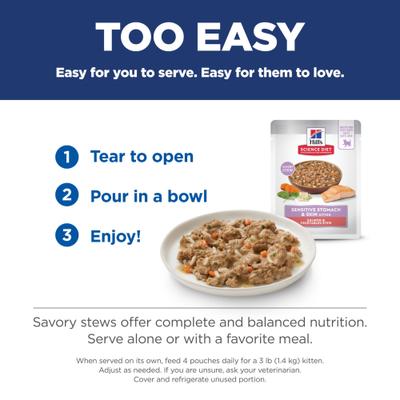 Show full view: Hill's Science Diet Kitten Sensitive Stomach & Sensitive Skin Salmon & Vegetables Stew Wet Cat Food, 2.8-oz pouch, case of 24 slide 6 of 10
