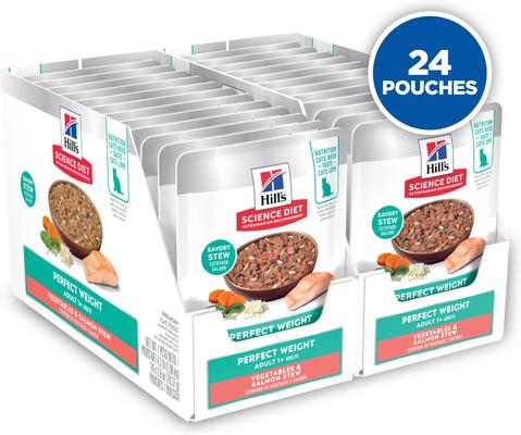 Show full view: Hill's Science Diet Adult Perfect Weight Management Vegetables & Salmon Stew Wet Cat Food, 2.8-oz pouch, case of 24 slide 3 of 12