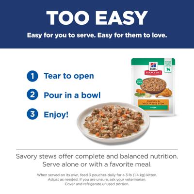 Show full view: Hill's Science Diet Kitten Chicken & Vegetables Stew Wet Cat Food, 2.8-oz pouch, case of 24 slide 7 of 12