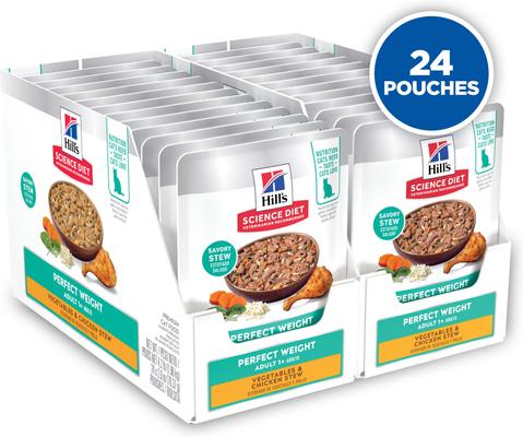 Show full view: Hill's Science Diet Adult Perfect Weight Management Vegetables & Chicken Stew Wet Cat Food, 2.8-oz pouch, case of 24 slide 3 of 12