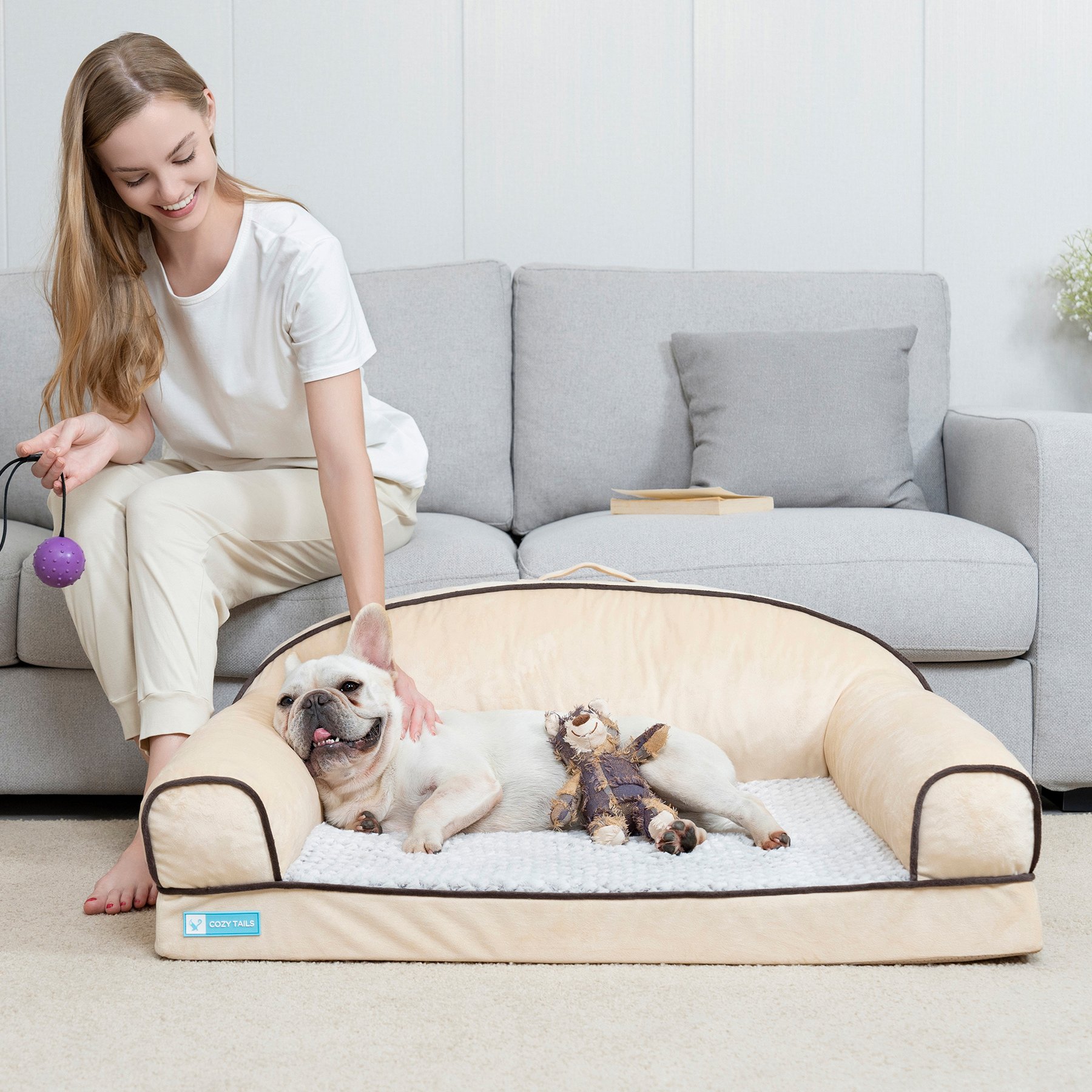 Cozy Tails Lavender Infused Orthopedic Memory Foam Sofa Couch Dog Bed, Tan, Large