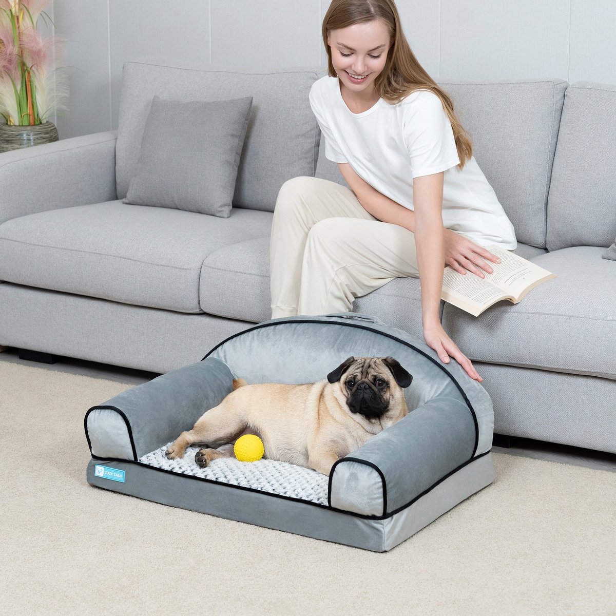 Cozy Tails Lavender Infused Orthopedic Memory Foam Sofa Couch Dog Bed, Grey, Medium