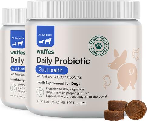 WUFFES Probiotyki trawienne z enzymami trawiennymi, miękkie gryzaki o smaku swędzącej skóry i jelit, suplement dla psów, 120 sztuk - Chewy.com