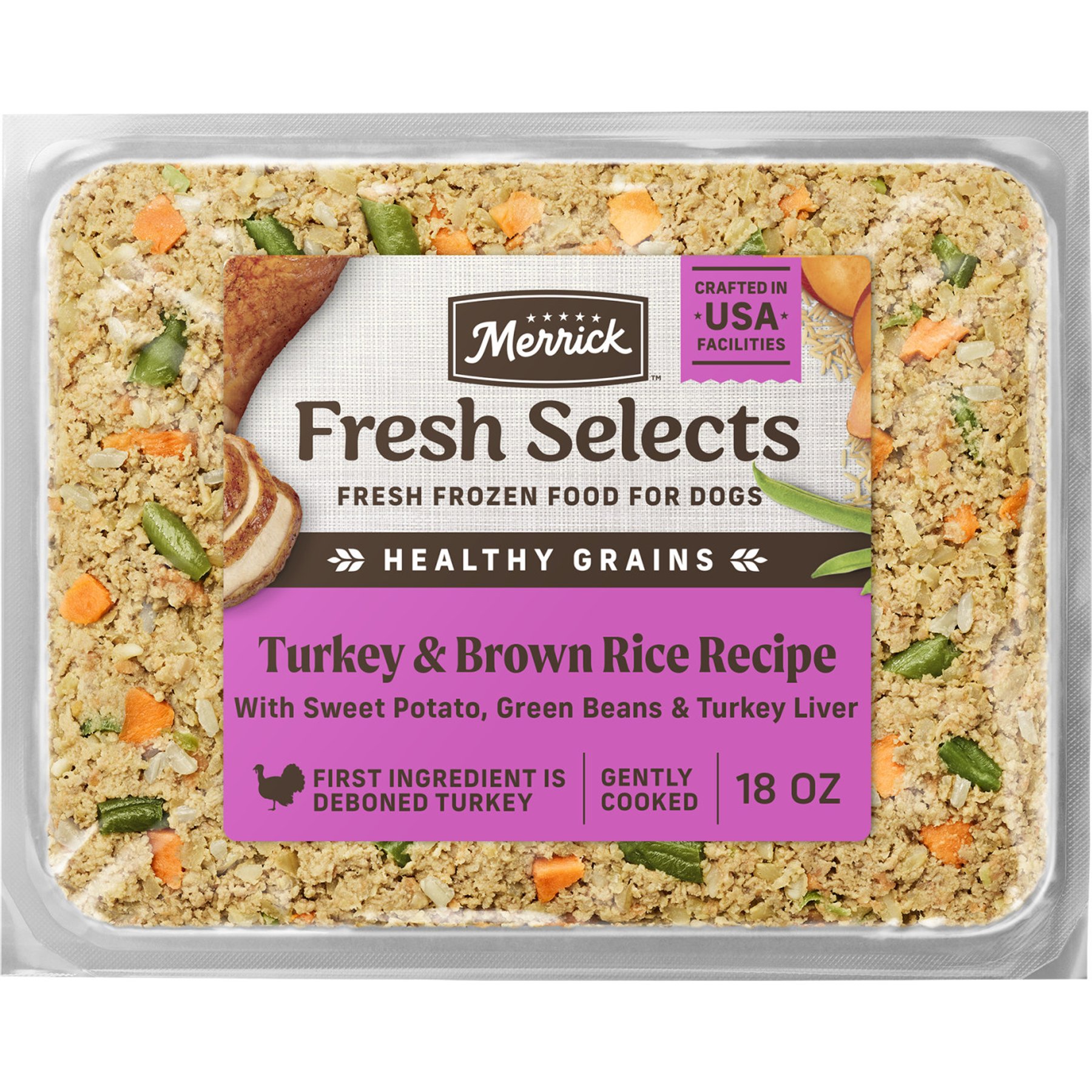 Merrick Fresh Selects Frozen Turkey & Brown Rice Dog Food, 18-oz pouch, 7 count