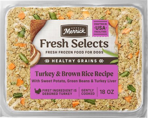 Show full view: Merrick Fresh Selects Beef & Brown Rice + Chicken & Brown Rice + Turkey & Brown Rice Frozen Dog Food, 18-oz pouch slide 8 of 10