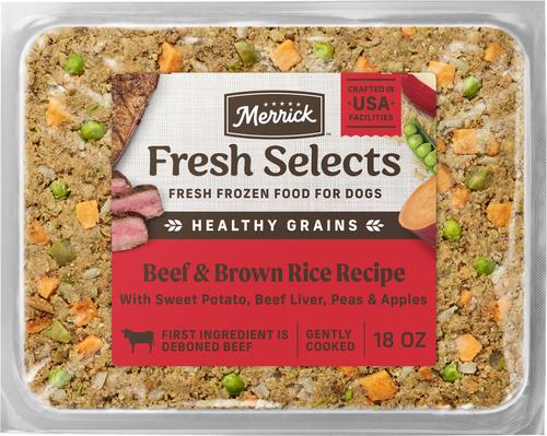 Show full view: Merrick Fresh Selects Beef & Brown Rice + Chicken & Brown Rice + Turkey & Brown Rice Frozen Dog Food, 18-oz pouch slide 2 of 10