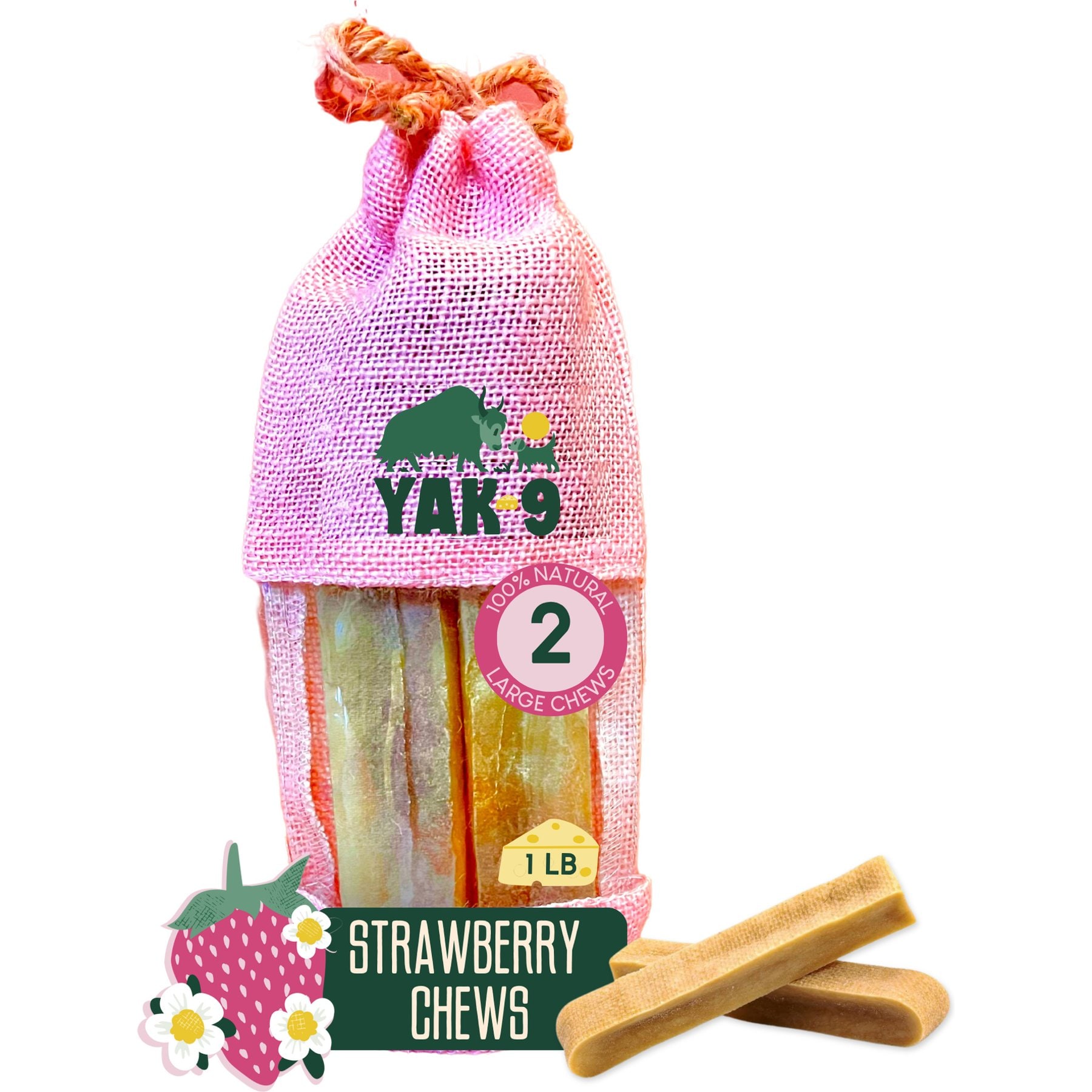 Yak9 Chews Strawberry Yak Cheese Chew Dog Treat, Large, 2 count