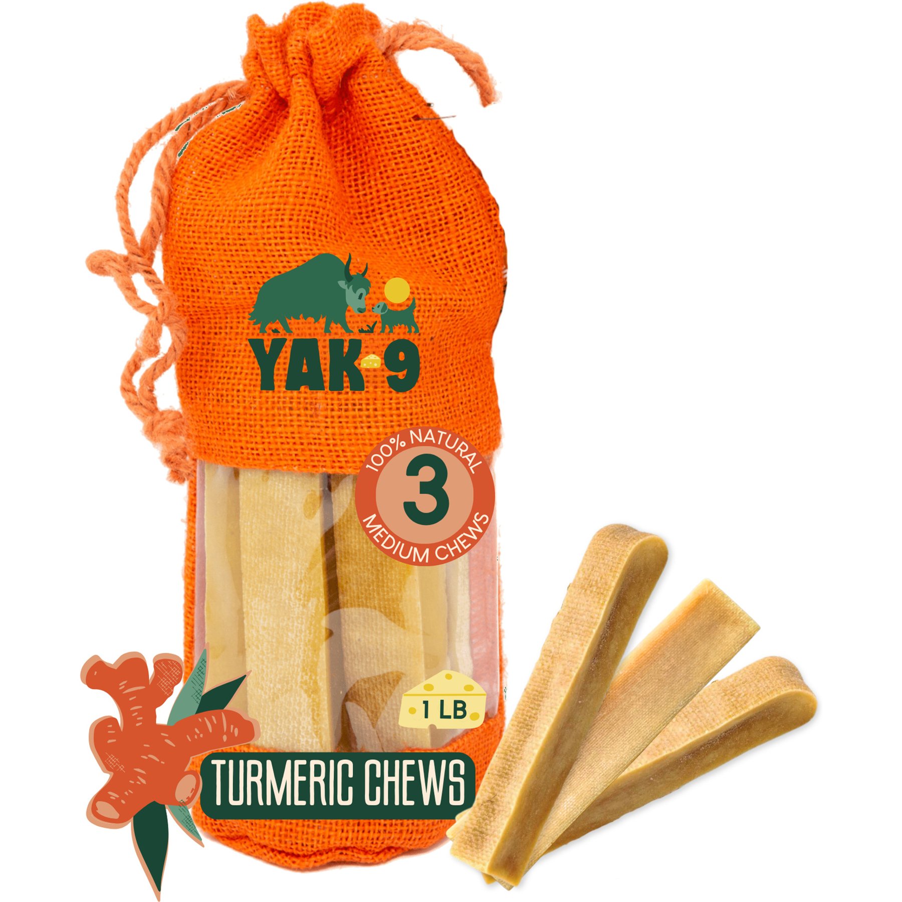 Yak9 Chews Turmeric Yak Chew Dog Treats, 3 count, Medium