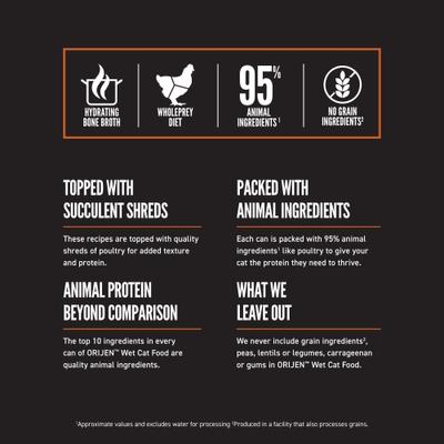 Show full view: ORIJEN Original Chunks & Shreds Variety Pack Salmon & Chicken Entrees Wet Cat Food, 3-oz can, case of 12 slide 3 of 10