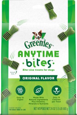 Show full view: Puppy Variety Pack: Greenies Petite Dental Treats, 20 count + Greenies Smart Essentials High Protein Real Chicken & Brown Rice Dry Food, 5.5-lb bag + Greenies Anytime Bites Original Chicken Flavor Soft & Chewy Treats, 24-oz bag slide 8 of 9