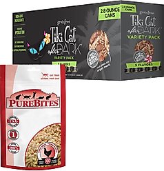 PureBites Chicken Breast Freeze-Dried Raw Cat Treats, 1.09-oz bag + Tiki Cat After Dark Variety Pack Canned Cat Food, 2.8-oz, case of 12