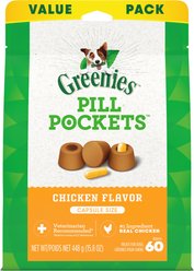 Greenies Pill Pockets Canine Chicken Flavor Natural Dog Treats, Capsule Size, 60 count