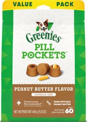Greenies Pill Pockets Canine Real Peanut Butter Flavor Natural Dog Treats, Capsule Size, 60 count