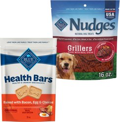 Blue Buffalo Health Bars Baked with Bacon, Egg & Cheese + Nudges Grillers Steak Natural Dog Treats