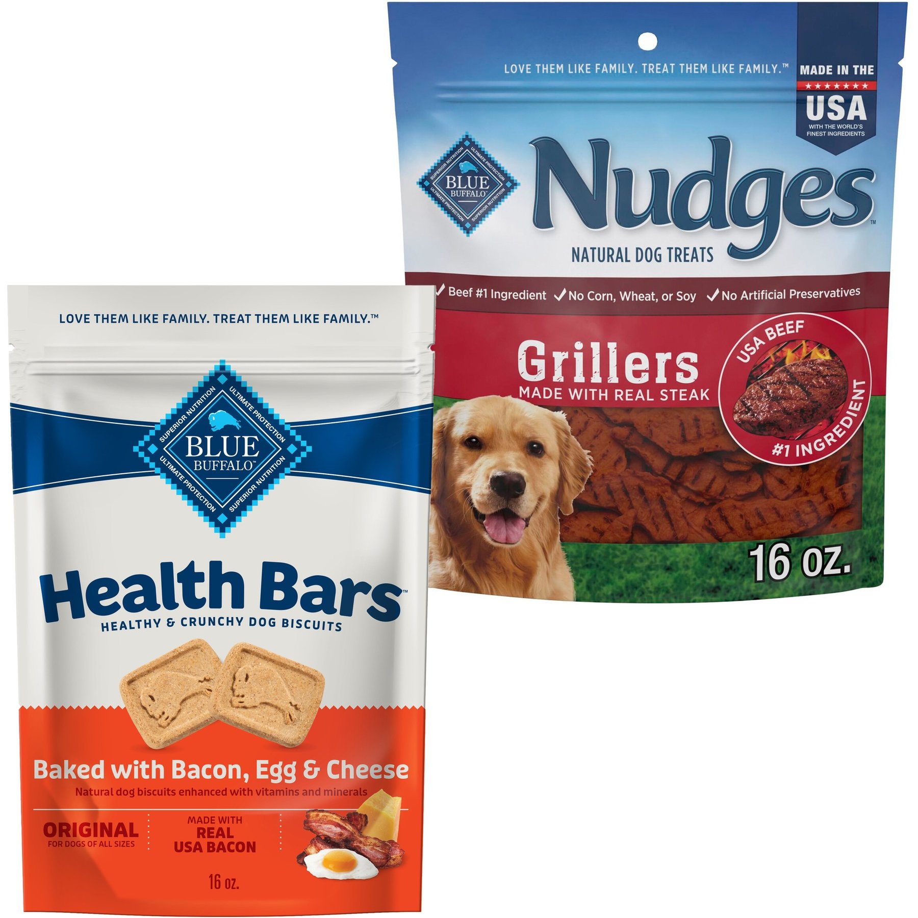 Blue Buffalo Health Bars Baked with Bacon, Egg & Cheese + Nudges Grillers Steak Natural Dog Treats