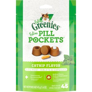 Greenies Pill Pockets Feline Catnip Flavor Natural Soft Adult Cat Treats, 1.6-oz pouch, 45 count