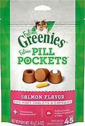 Greenies Pill Pockets Feline Natural Salmon Flavor Soft Adult Cat Treats, 45 count