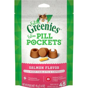 Greenies Pill Pockets Feline Natural Salmon Flavor Soft Adult Cat Treats, 45 count