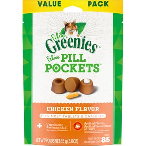 Greenies Pill Pockets Feline Chicken Flavor Natural Soft Adult Cat Treats, 3-oz bag, 85 count