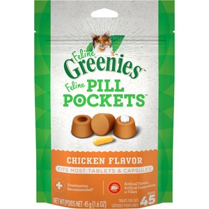 Greenies Pill Pockets Feline Chicken Flavor Natural Soft Adult Cat Treats, 1.6-oz bag, 45 count