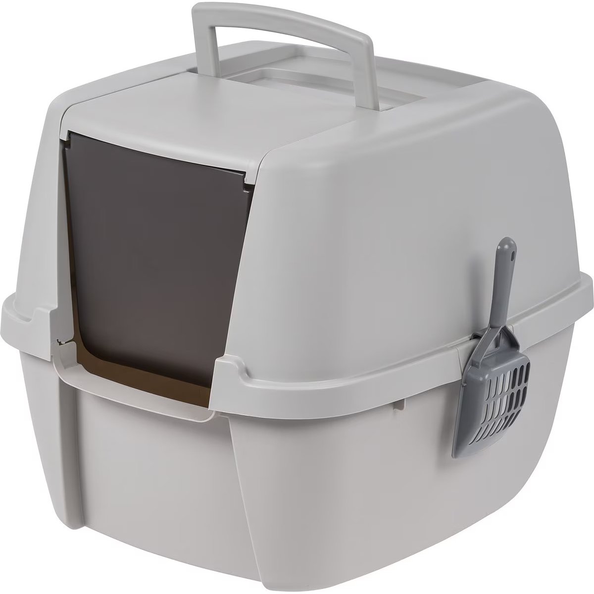 IRIS Portable Hooded Cat Litter Box with Scoop & Handle, Gray, Large