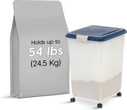 IRIS WeatherPro Airtight Attachable Wheels Dog, Cat & Bird Food Storage Container, Clear & Navy, 50-lb
