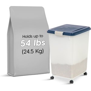 IRIS WeatherPro Airtight Dog, Cat, Bird & Small Pet Food Storage Container with Casters, Clear & Navy, 50-lb