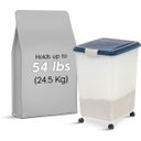 IRIS WeatherPro Airtight Dog, Cat, Bird & Small Pet Food Storage Container with Casters, Clear & Navy, 50-lb