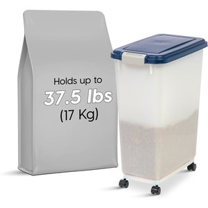 IRIS WeatherPro Airtight Attachable Wheels Dog, Cat & Bird Food Storage Container, Pearl & Navy, 35-lb