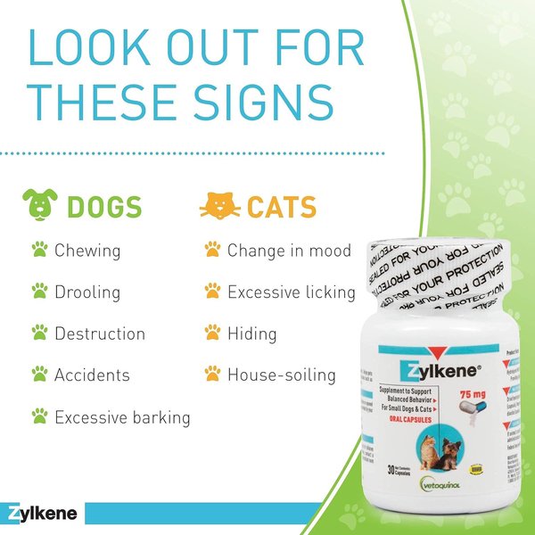 Show full view: Vetoquinol Zylkene 75-mg Capsules Calming Supplement for Small Dogs & Cats, 30 count slide 8 of 13