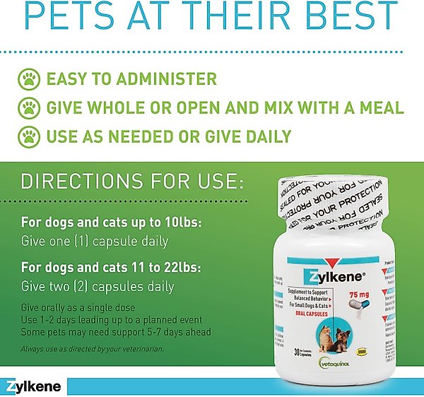 Show full view: Vetoquinol Zylkene 75-mg Capsules Calming Supplement for Small Dogs & Cats, 30 count slide 2 of 13