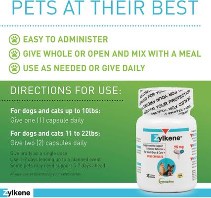 Show full view: Vetoquinol Zylkene 75-mg Capsules Calming Supplement for Small Dogs & Cats, 30 count slide 3 of 14