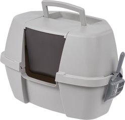 IRIS Portable Hooded Corner Cat Litter Box with Scoop & Handle, Gray, Large