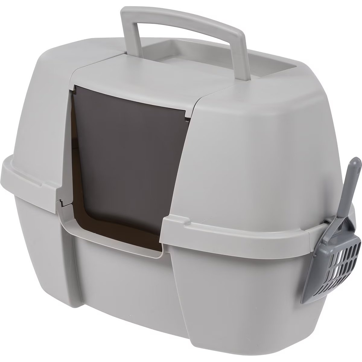 IRIS Portable Hooded Corner Cat Litter Box with Scoop & Handle, Gray, Large