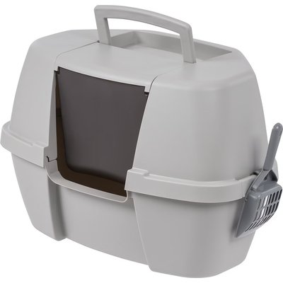 IRIS IRIS Portable Hooded Corner Cat Litter Box with Scoop & Handle, Gray, Large