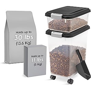 IRIS 3-Piece WeatherPro Airtight Stackable Dog, Cat & Bird Food Storage Container Combo with Scoop & Treat Box, Black, Medium