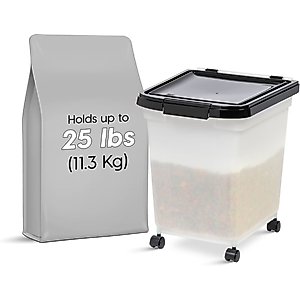 IRIS WeatherPro Airtight Attachable Wheels Dog, Cat & Bird Food Storage Container, Pearl & Black, 25-lb