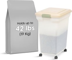 IRIS WeatherPro Airtight Attachable Wheels Dog, Cat & Bird Food Storage Container, Clear/Almond, 45-lb