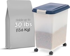 IRIS WeatherPro Airtight Dog, Cat, Bird & Small Pet Food Storage Container with Casters, Pearl & Navy, 25-lb