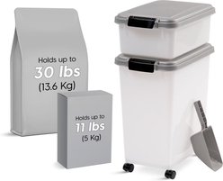 IRIS 3-Piece WeatherPro Airtight Stackable Dog, Cat & Bird Food Storage Container Combo with Scoop & Treat Box, Chrome, 41-lb