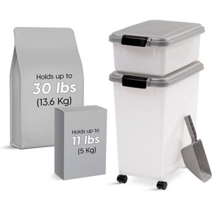 IRIS 3-Piece WeatherPro Airtight Stackable Dog, Cat & Bird Food Storage Container Combo with Scoop & Treat Box, Chrome, 41-lb