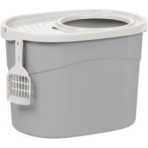 IRIS Large Round Top Entry Cat Litter Box & Scoop, Gray/White