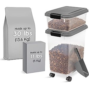 IRIS 3-Piece WeatherPro Airtight Stackable Dog, Cat & Bird Food Storage Container Combo with Scoop & Treat Box, Clear/Dark Gray, 35-lbs/45-qt