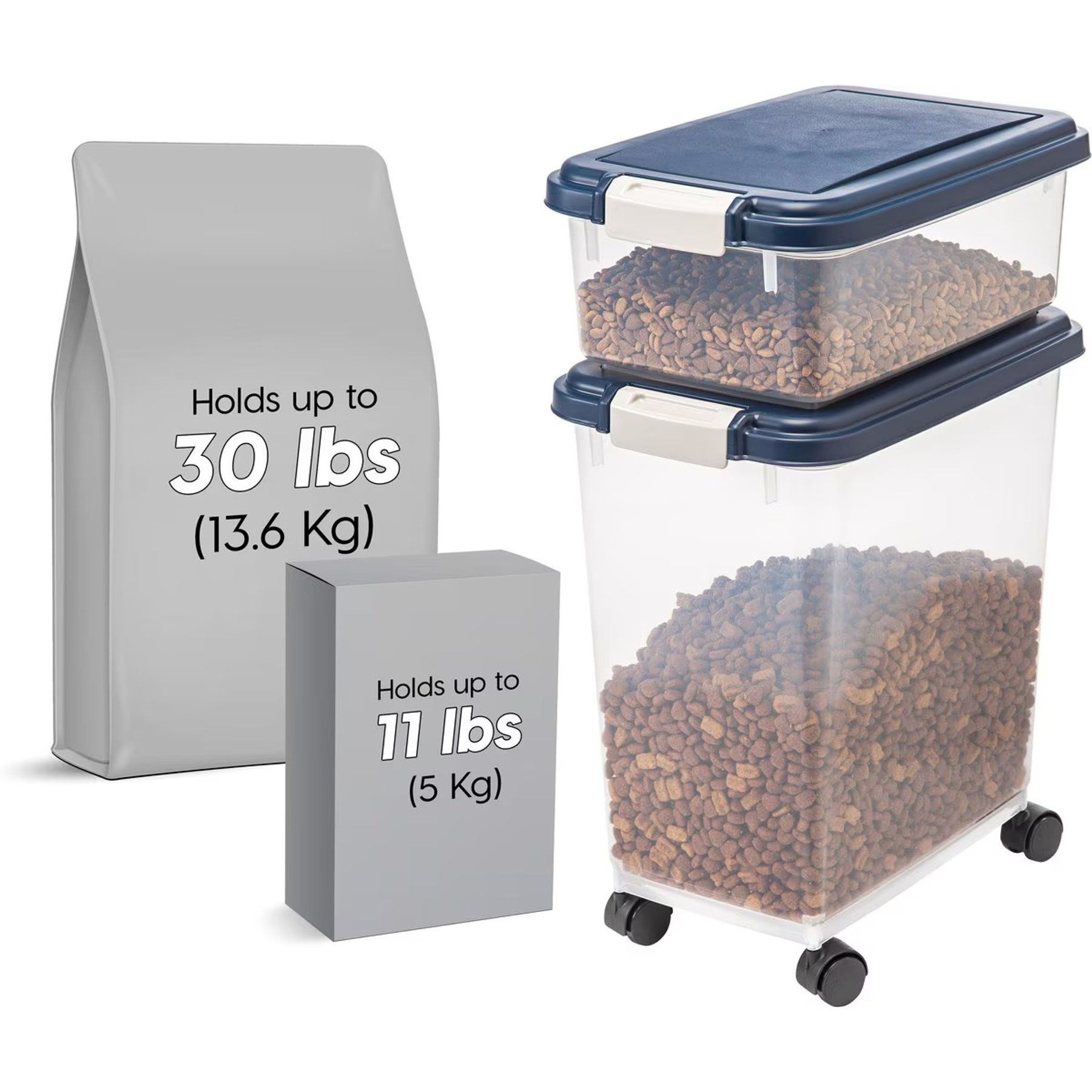 IRIS 2-Piece WeatherPro Airtight Stackable Dog, Cat & Bird Food Storage Container Combo & Treat Box, Clear/Navy, 35-lb