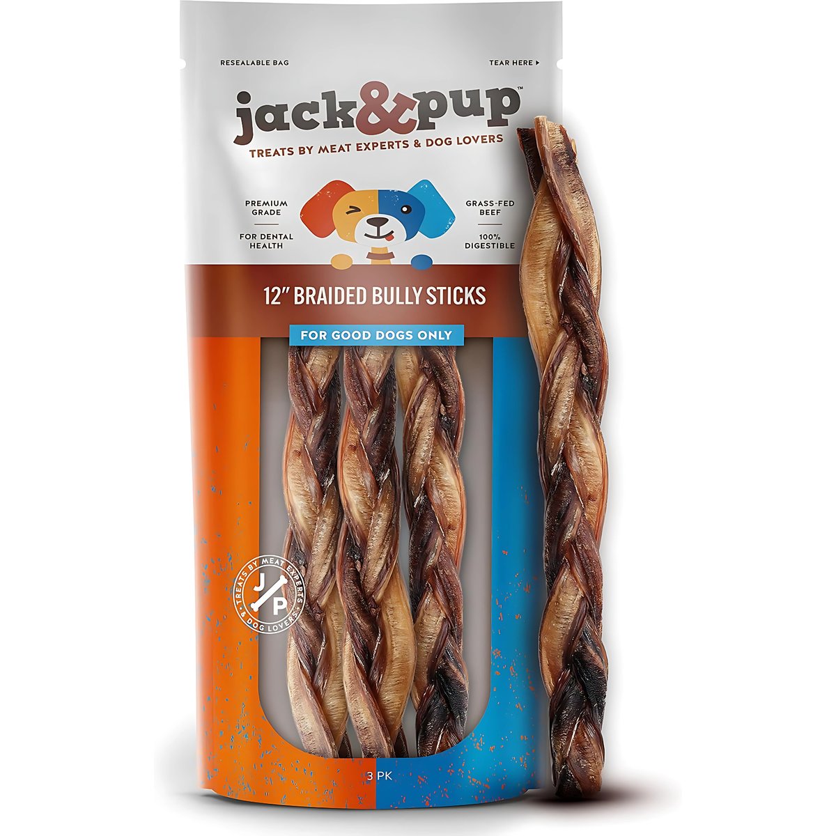 Jack & Pup Odor Free 12-inch Braided Beef Bully Stick Dog Chews, 3 count